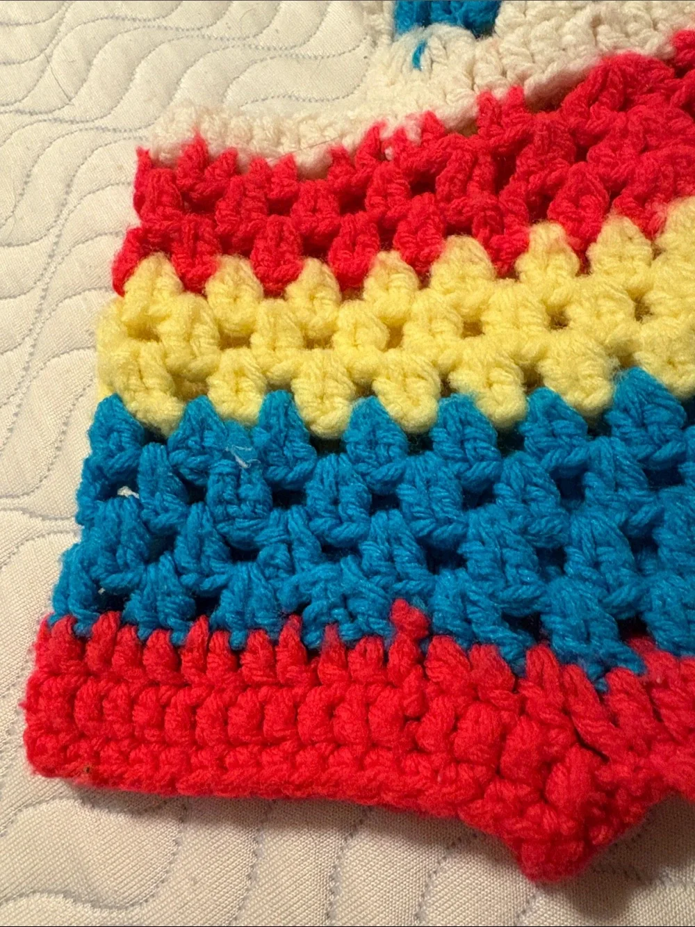 Vintage Handmade Crochet Kids Romper - Red, Yellow, Blue, Cream